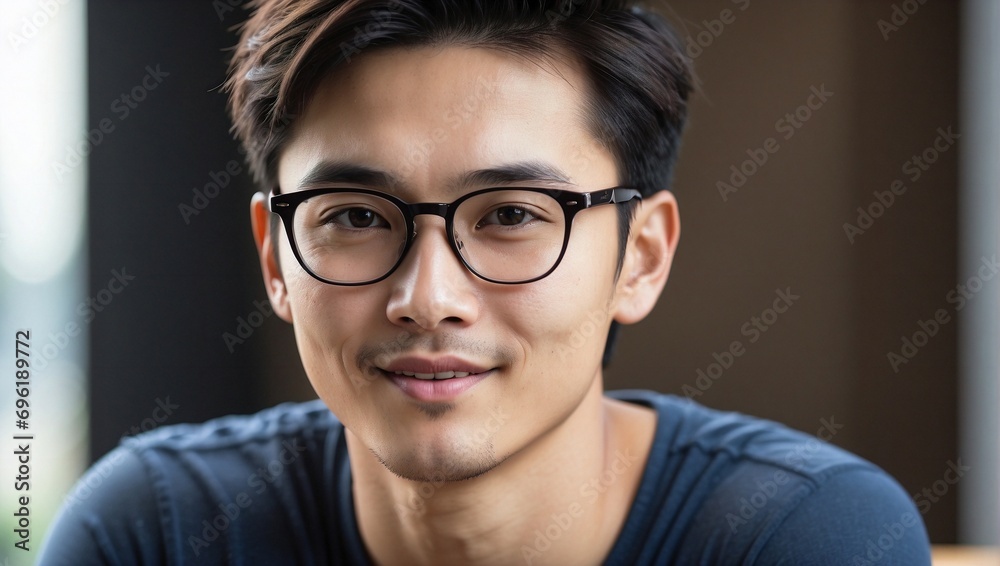 Portrait of young Asian male wearing glasses, with natural smile. Generative AI