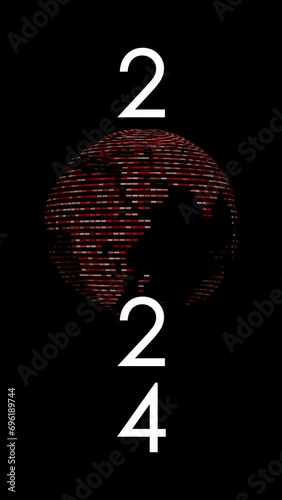 2024 year futuristic new neon symbol abstract digital concept. Global network and cyber technology background seamless and looped 3d animation.9:16
