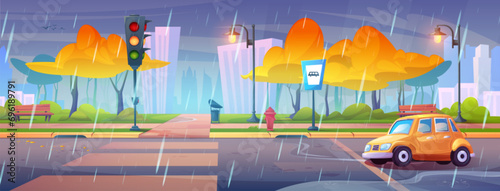 Autumn city road in rainy weather. Vector cartoon illustration of car riding wet urban street with crosswalk, yellow trees in park, traffic light, bus stop sign on pedestrian pavement, cloudy sky