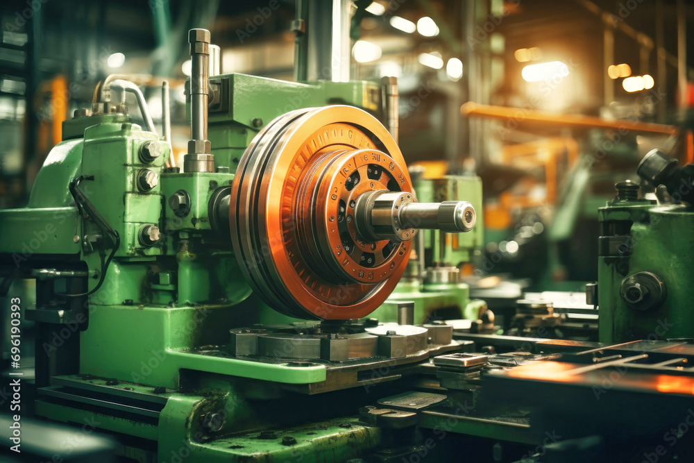 Photo of an industrial machine shaping metal material. Modern metal processing at an industrial enterprise. Manufacturing of high-precision parts and mechanisms. Photo of an industrial machine shaping metal material. Modern metal processing at an industrial enterprise. Manufacturing of high-precision parts and mechanisms.