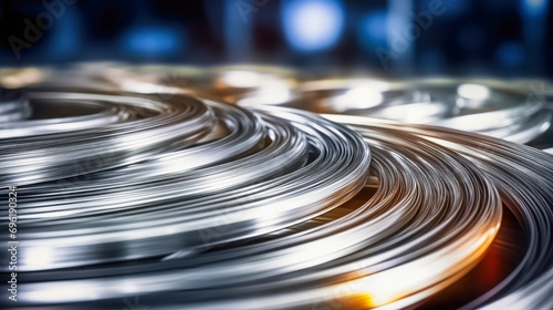 Close-up of aluminum wire spools in a manufacturing plant. Aluminum production. Metalworking. Selective focus. photo