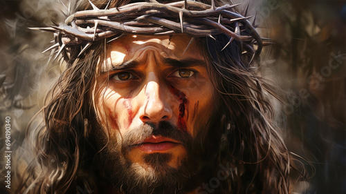 Jesus Christ wearing crown of thorns Passion and Resurection. Easter card, Good Friday, thanksgiving.