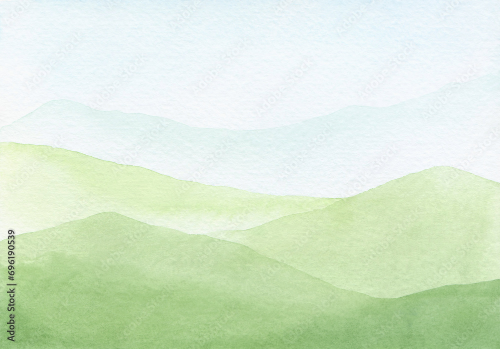 A summer landscape with panoramic views of green hills and fields is hand-drawn. Watercolor horizontal background, banner with space for text. An element for design and decoration.  - obrazy, fototapety, plakaty 