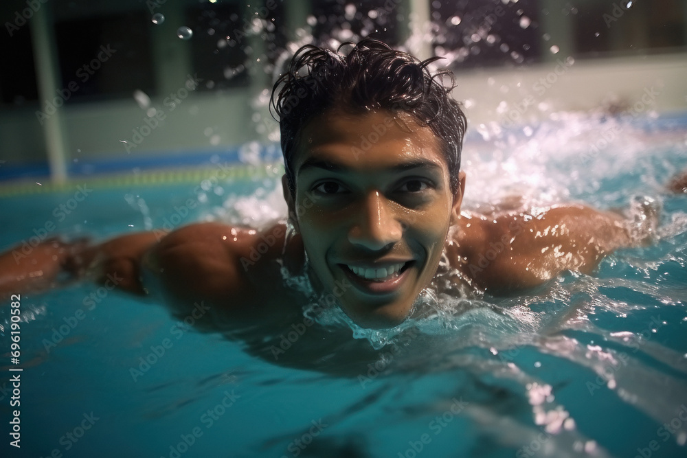Young indian man swimming in the swimming pool