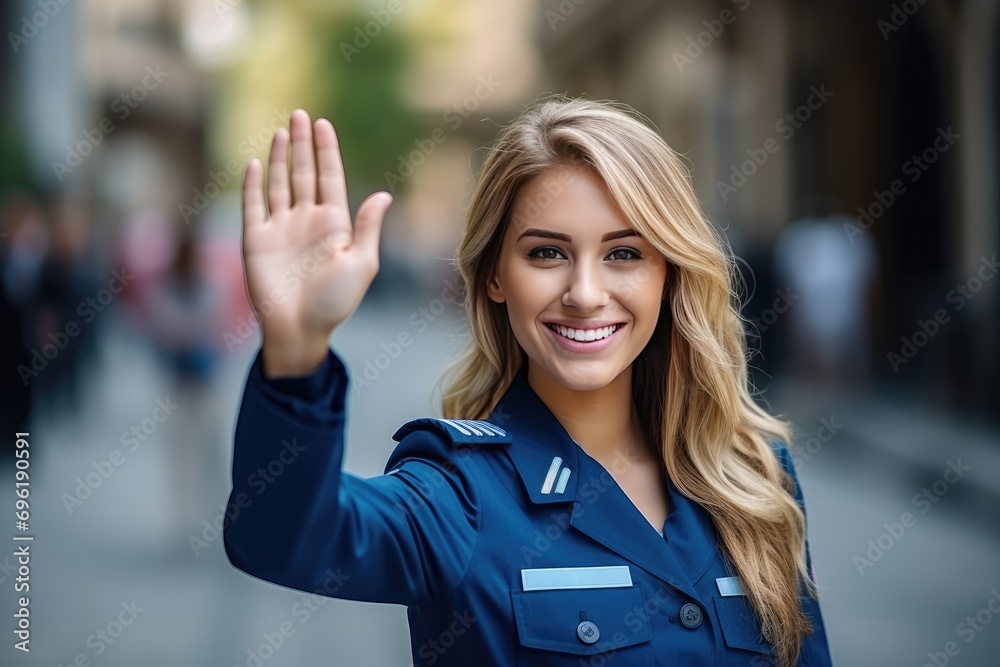 blonde smiling female pilot greets