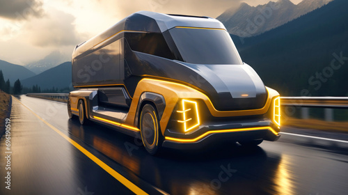 Futuristic electric semi-trailer carrying commercial goods in a van semi-trailer, driving for delivery on a winding road at sunset. © Anoo