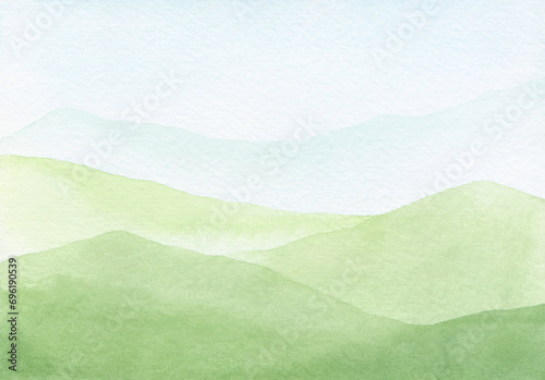 A summer landscape with panoramic views of green hills and fields is hand-drawn. Watercolor horizontal background, banner with space for text. An element for design and decoration.  photo