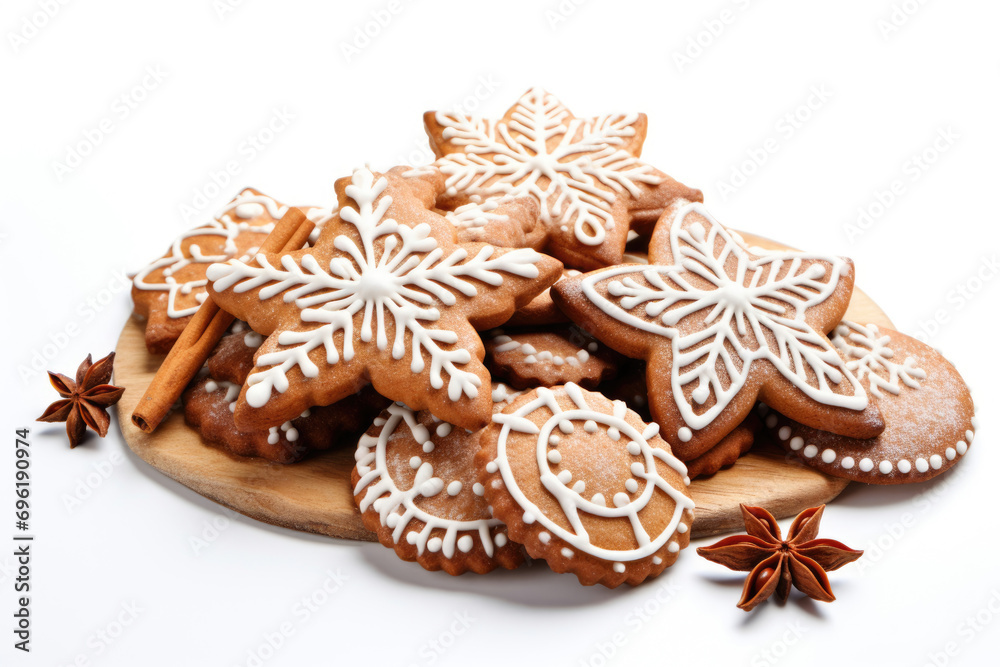 Appetizing freshly baked cookies with icing on a white background