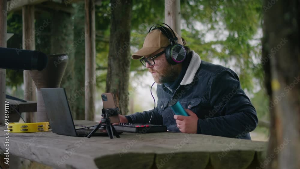 Caucasian musician in headphones sits in gazebo in forest, uses shaker and digital electric piano to create music. Man records song on phone on tripod and laptop during vacation trip to mountains. Caucasian musician in headphones sits in gazebo in forest, uses shaker and digital electric piano to create music. Man records song on phone on tripod and laptop during vacation trip to mountains.