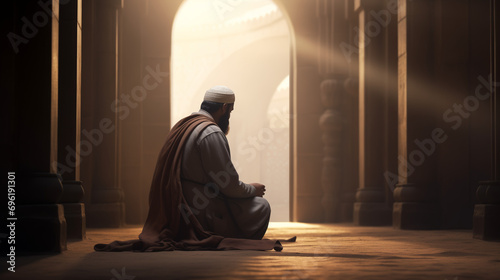 Muslim Man Praying in Mosque, Dua, Praying, Ramadan Kareem Concept, Islamic Background, Generative Ai