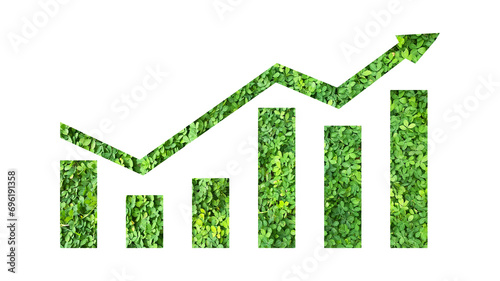 arrow graph made from green grass or leaves isolated on transparent background, go green concept, PNG