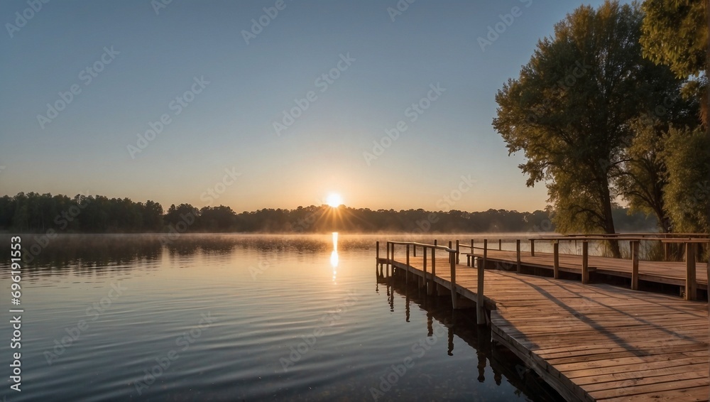 Lake pier at sunset. Generative AI Lake pier at sunset. Generative AI