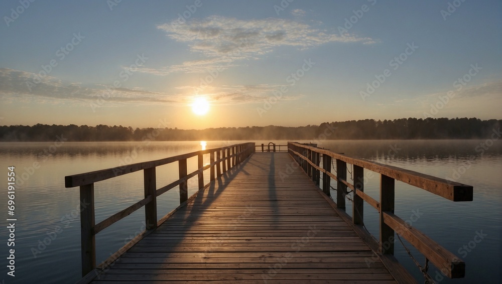 Lake pier at sunset. Generative AI