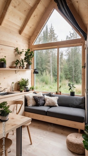 Interior of cozy tiny house with forest view. Generative Ai