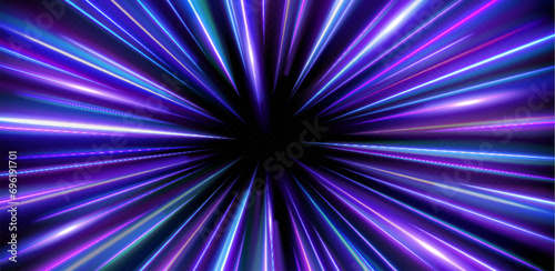 Fast light motion speed effect. Vector realistic illustration of abstract neon pink, purple rays, circular centric motion on black background, space travel route perspective, explosion energy warp