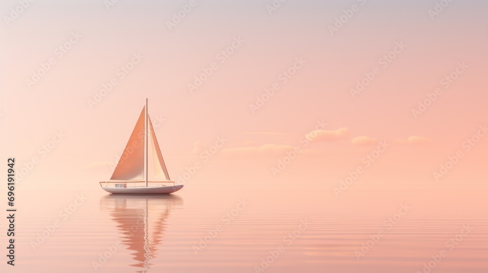 Pastel peach color sailboat on calm waters, copy space