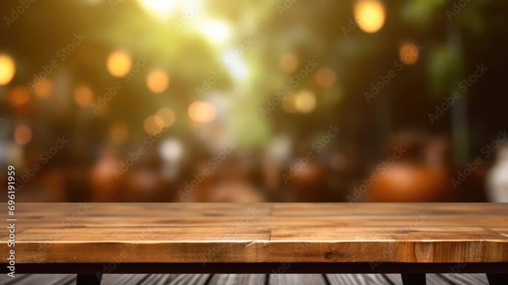 The empty wooden table top with blur background. Exuberant image. generative ai