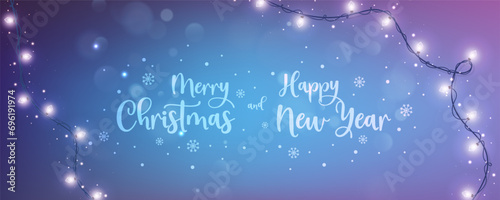 Merry Christmas and New Year text lettering on neon violet holiday background with glowing lights garland, glitter, bokeh and snowflakes. Xmas card. Vector Illustration