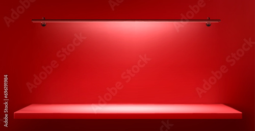 Fototapeta Naklejka Na Ścianę i Meble -  Red wall background with shelf and long lamp light. 3d bookshelf podium for product display with spotlight. Realistic vector illustration of studio or gallery empty platform with highlight mockup.