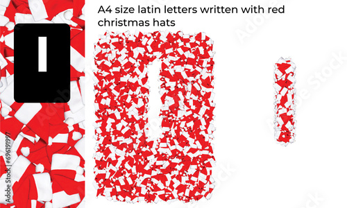 A4 size latin letter written with red christmas hats