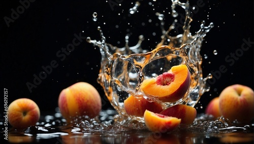 Water splash and various fruits, including apricot, peach and apple, on a striking black background. Generative AI