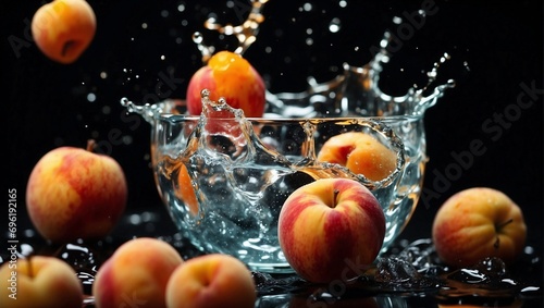 Water splash and various fruits, including apricot, peach and apple, on a striking black background. Generative AI