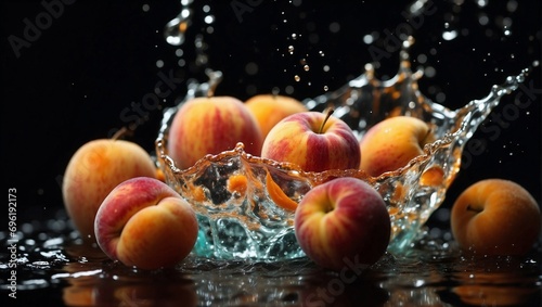 Water splash and various fruits, including apricot, peach and apple, on a striking black background. Generative AI