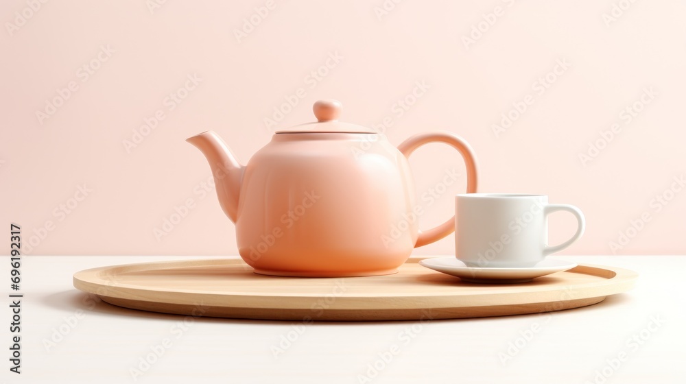 Pastel peach color teapot on a tray Pastel peach color teapot on a tray