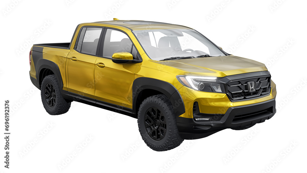 Yellow Ridgeline USA, Miami. December 14, 2023. Honda Ridgeline 2022. Yellow mid-size ...