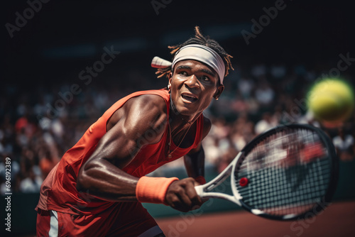 Professional tennis player focused on returning serve during match. Sports and determination. © Postproduction