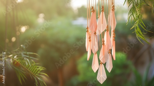 Pastel peach wind chimes hanging in a garden, copy space, summer mood