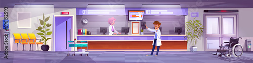 Hospital reception hall interior with woman receptionist and man doctor looking on X-ray image. Cartoon scenery of waiting area of medical service and healthcare department with registration counter. photo