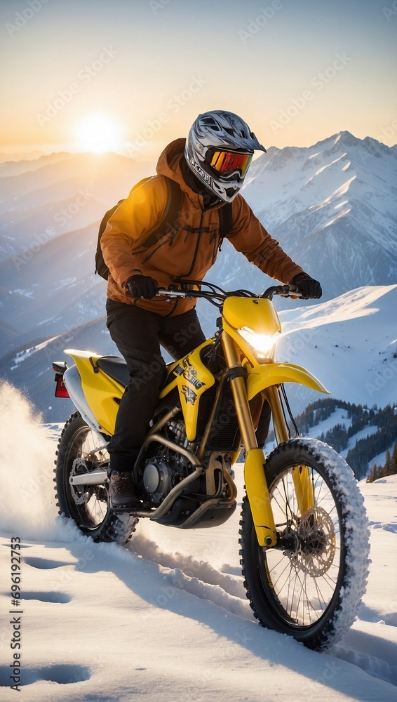 Snowy Mountain Ride with Sunset Glow. Generative AI Snowy Mountain Ride with Sunset Glow. Generative AI
