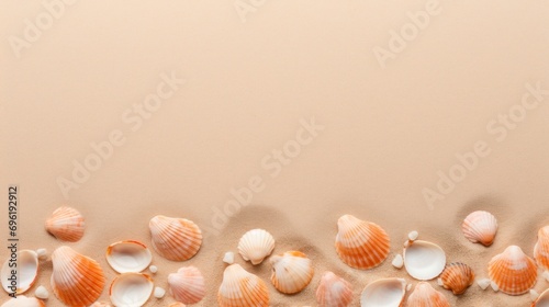 Peach-colored seashells on sand, copy space