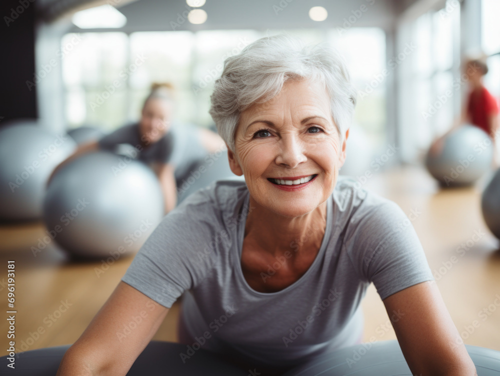 Senior woman exercising on a fitness ball. Concept of active and healthy aging.