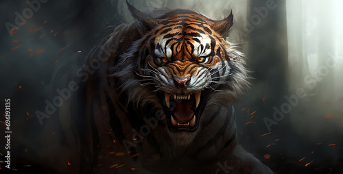 portrait of a bengal tiger  evil ferocious tiger with horns side angle semi real