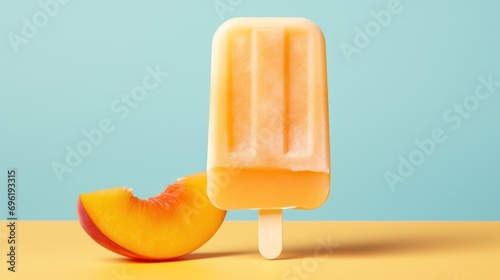 Peach-flavored popsicle on a stick, copy space