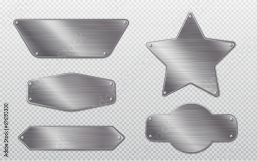 Steel metal tag plate with borders and rivets. Realistic vector set of blank aluminum nameplates or boards with space for text. Silver empty plaque or frame mockup with chrome texture surface.