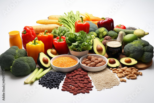 Display fruits  vegetables  seeds  superfoods  cereals  and leafy greens that are considered healthy foods. Concept about health and food.