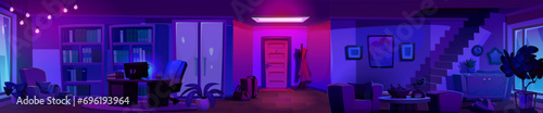 Panoramic home interior at night. Horizontal house or apartment indoor with entrance door and stairs, home office workplace with computer on desk and cabinet, and lounge area with armchair and table.