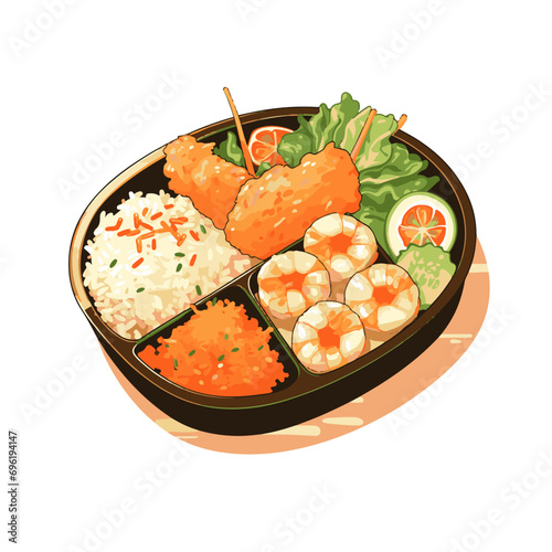 bento rice with dumpling, fried shrimp, ekkado and carrot salad mayonaise icon illustration photo