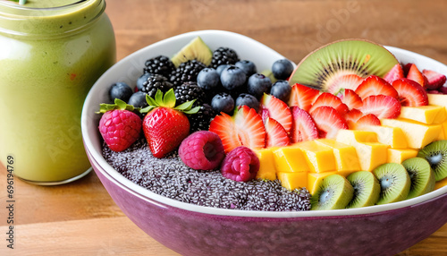 Generative AI Colorful fruit bowl with a smoothie or acai bowl.