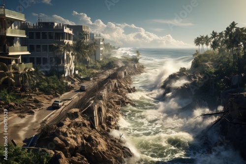  might of nature reclaims its territory. Fierce waves assault the coastal road, undermining the foundations of modern structures and uprooting trees.  photo