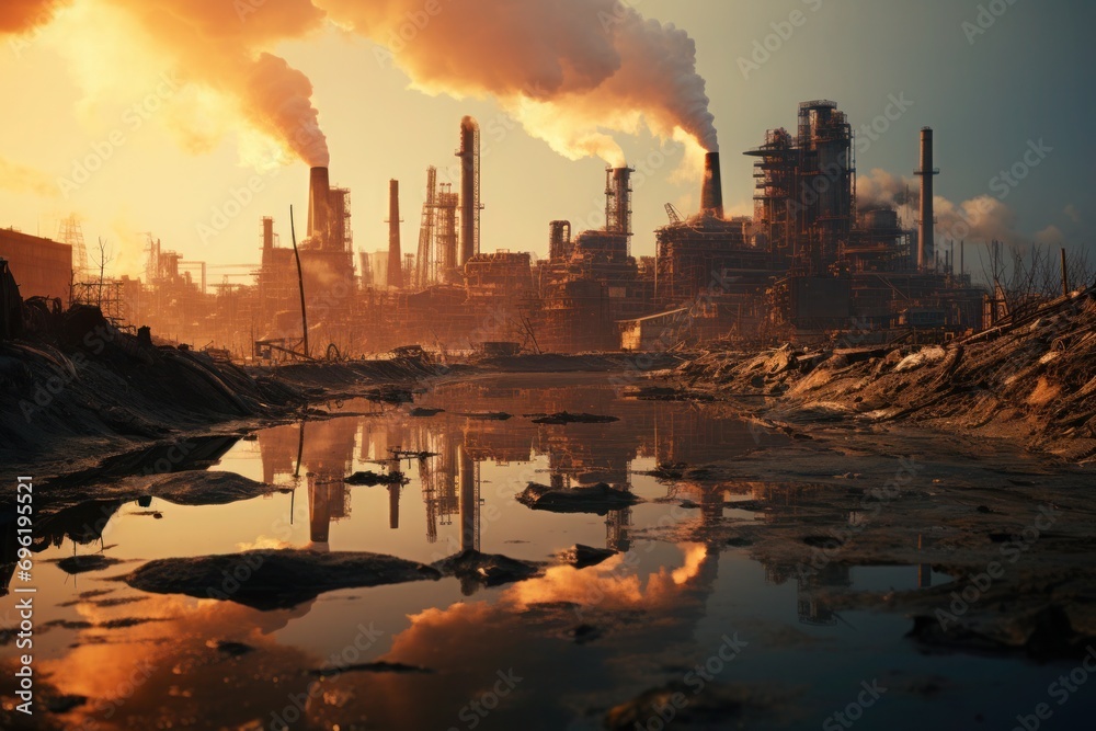 A dystopian industrial landscape at dusk, with smokestacks bellowing pollution into the hazy sky
