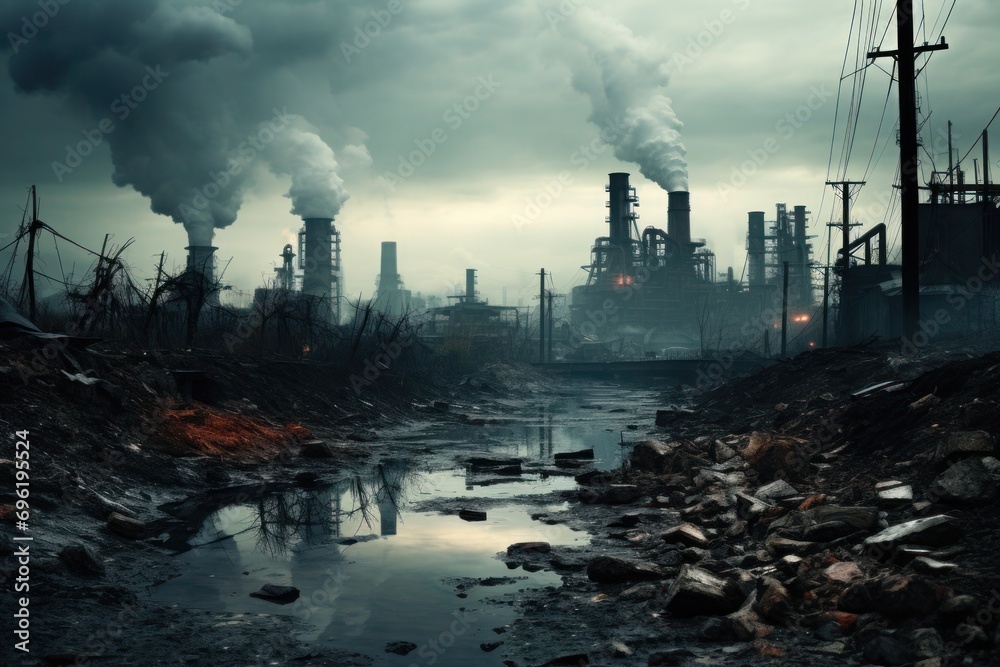 Industrial dystopia with towering smokestacks emitting pollution into a bleak, overcast sky