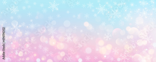 Christmas snowy background. Cold pink blue winter sky. Vector ice blizzard on gradient texture with bokeh and flakes. Festive new year theme for season sale wallpaper.