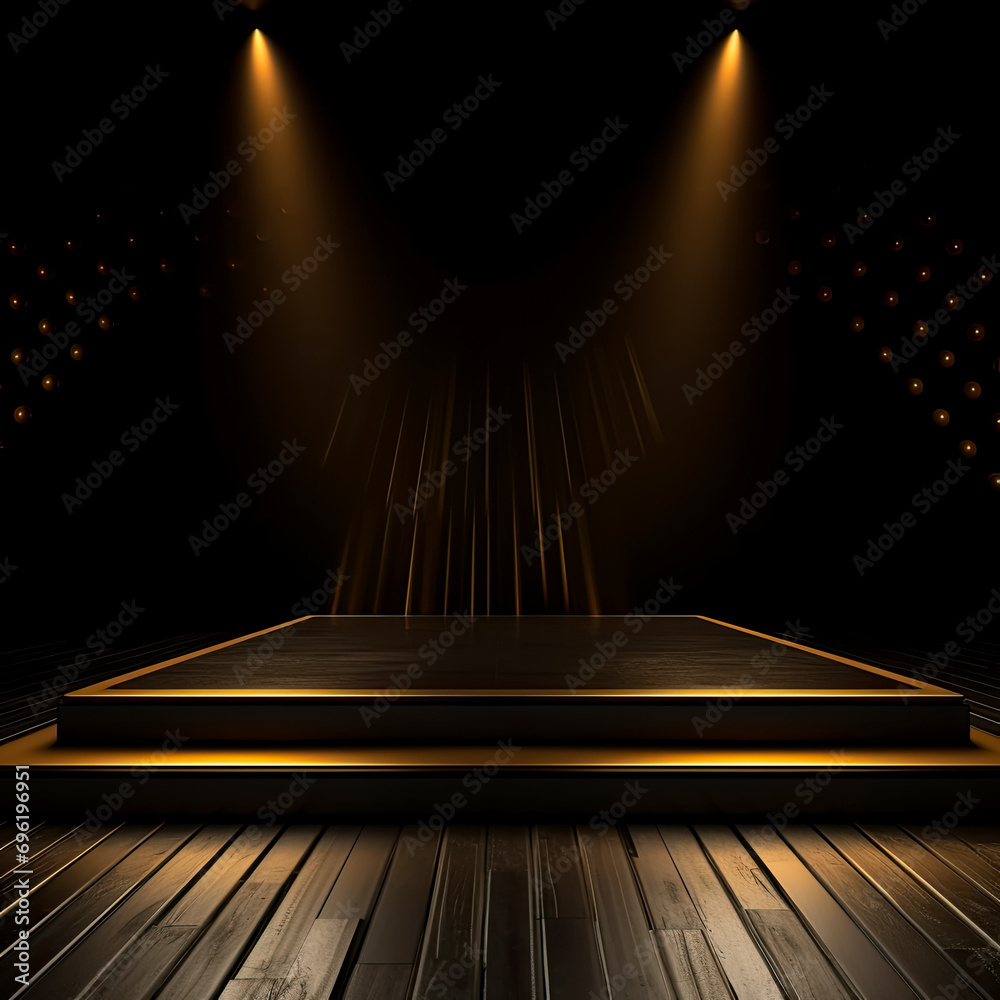 Podium luxury Stage illuminated black and gold background, artwork graphic design..