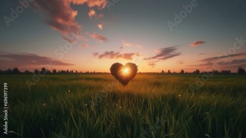 Heart shape in the grass field at sunset