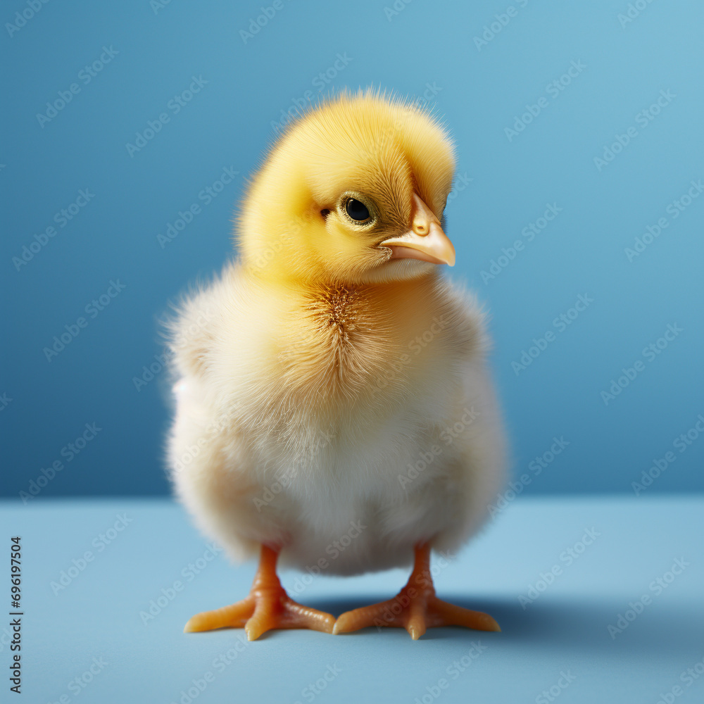 Cute little yellow chicken isolated on blue background. Easter concept.AI.
