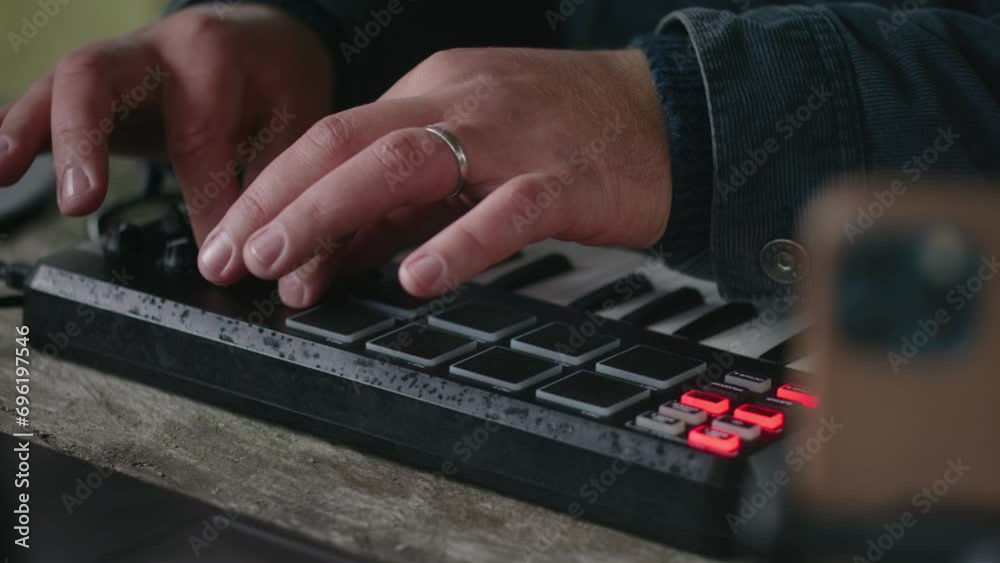 Close up of male musician playing digital electric piano and composing music, sitting outdoors in forest. Caucasian man uses laptop and phone on tripod to record song on his vacation in mountains.